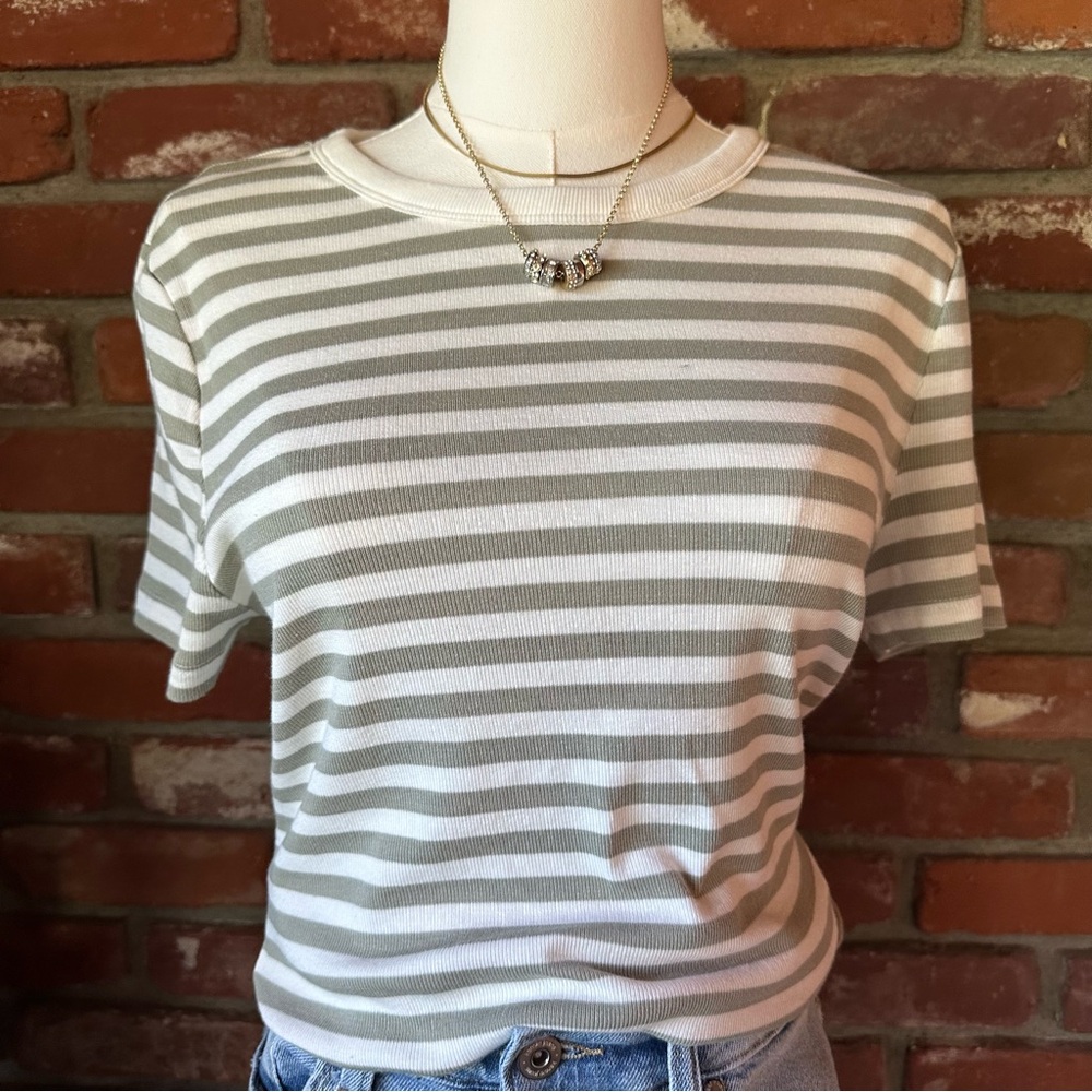 H&M Ribbed Fitted Striped Green and White T-Shirt